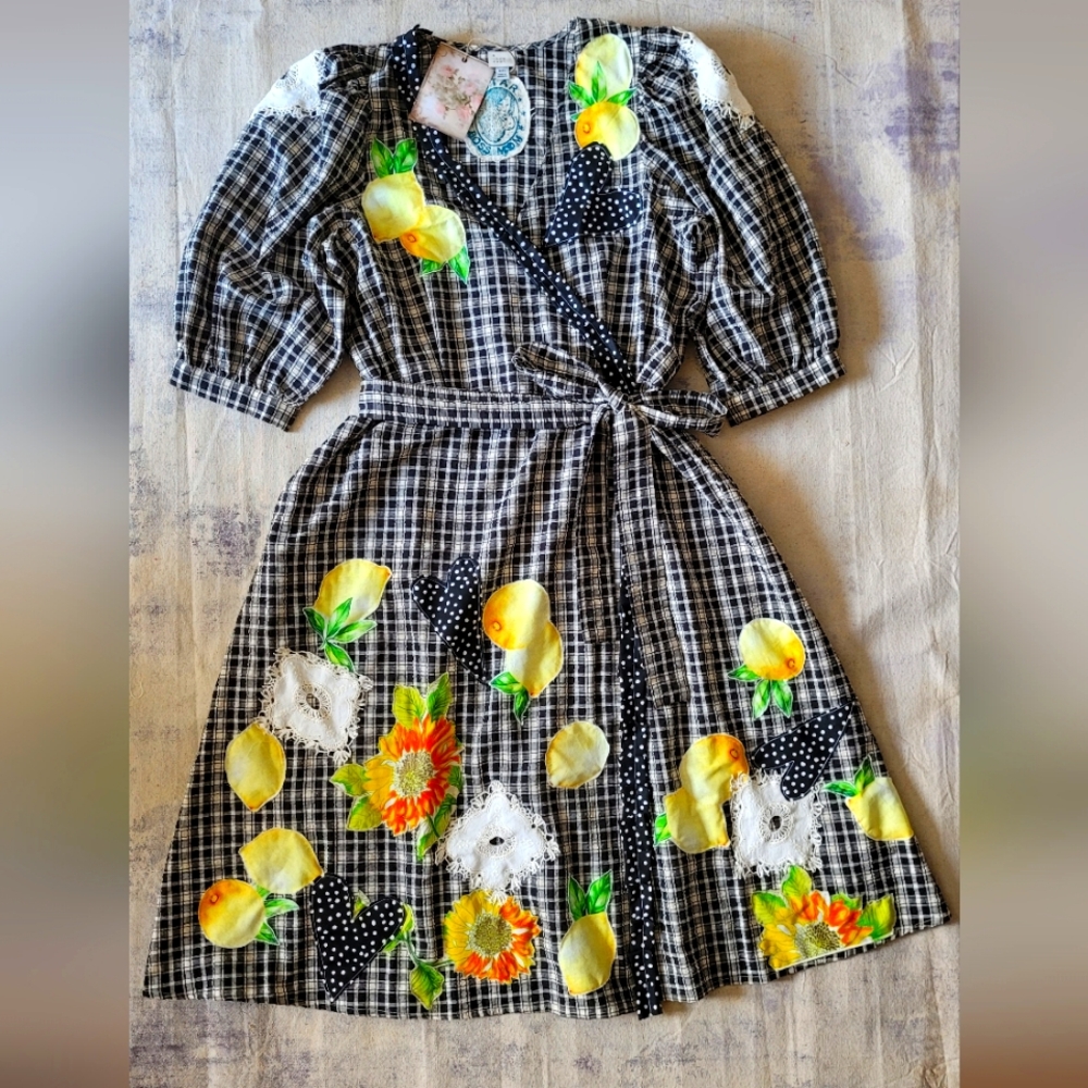 Handmade XXL plaid sundress NWT lemon hearts appliques